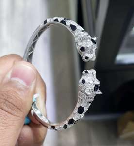 925 Silver Tone Panther Head <b>Bangle</b> <b>Bracelet</b> Black and Clear Stone Inlay Animal moissanite Diamond Jewelry Gift - Product Image 3