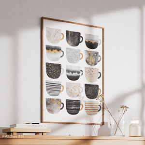 Décoration murale festive, affiche illustrative de collection de tasses à café noir et blanc, art mural moderne pour cuisine - Product Image 4