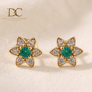 Unique Designer 14KT Solid Yellow Gold Lab Grown Diamond and Colombian Emerald <b>Stud</b> <b>Earring</b> IGI Certified Women Custom Jewelry - Product Image 5