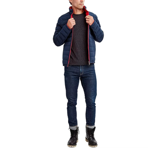 Men's Navy Quilted <b>Jacket</b> Stand Collar Zipper Closure Casual Slim Fit Polyester Windproof Autumn Outerwear - Product Image 1