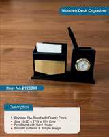 Organisateur de bureau moderne pour cadres avec porte-cartes de visite, support à stylos et horloge, organisateur de bureau en bois personnalisé