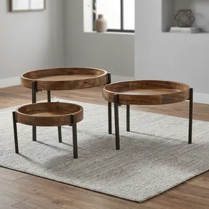 Modern Handmade Round Wooden Side <b>Table</b> with Iron Legs <b>Nesting</b> Design Rajasthan Living Room Furniture - Product Image 1