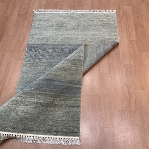 Wool <b>Runner</b> Rug TRO-0245 Modern Wool Silk <b>Grey</b> Contemporary Area Rug with Greek Border Design Hand Knotted - Product Image 5