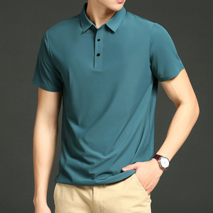 เสื้อยืดคอปกบางสีพื้นผ้าไนลอนผสมสแปนเด็กซ์ยืดหยุ่นไร้ตะเข็บสำหรับผู้ชาย ออกแบบโลโก้ตามสั่ง OEM แขนสั้นผ้าไหมโพโล - Product Image 3