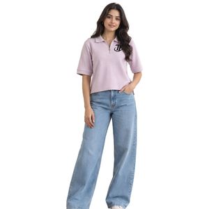 Polo à col mi-zippé à manches courtes en lavande avec jean large bleu clair – Tenue décontractée pour femme - Product Image 1