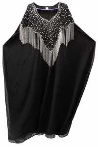 Abaya élégante noire en polyester, modeste, avec perles, pois, franges, col châle, col montant, longueur ras du sol, manches longues, pour femme, usage quotidien - Product Image 2