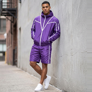 Conjunto de dos piezas corto para hombre: Sudadera con capucha y cremallera cortavientos y pantalones cortos con cordón de nailon y poliéster - Conjunto cortavientos impermeable para la lluvia - Product Image 1