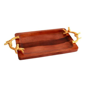 Plateau de service rectangulaire en bois de manguier artisanal de luxe avec poignées décoratives en laiton antique pour la maison et les hôtels - Product Image 3