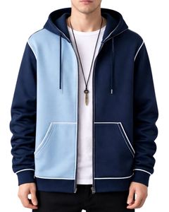 เสื้อฮู้ดซิปผู้ชายสีกรมท่าและฟ้า ตัดกันเป็นสองสี ผ้าฝ้ายฟลีซเนื้อนุ่ม สไตล์ลำลอง สตรีทแวร์ เสื้อแจ็คเก็ตฤดูหนาว ผลิตตามสั่งจากโรงงาน - Product Image 1