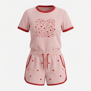 Women's Pink 2 Piece Shorts Set With <b>Heart</b> Print Short Sleeve T Shirt And Above Knee Shorts <b>Sweet</b> Style Spring Summer Wear - Product Image 1