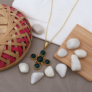 Apatite and <b>Emerald</b> Quartz Necklace 18K Gold Plated Cross <b>Pendant</b> Statement Necklace - Product Image 3