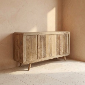 Buffet en teck de style moderne du milieu du siècle, coins arrondis, profil bas, poignées en bois intégrées, 2 tiroirs, 3 étagères - Product Image 2