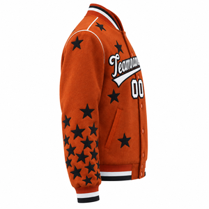 Blouson universitaire réversible en laine orange pour homme, broderie étoiles noires, col montant, coupe-vent, style baseball - Product Image 4