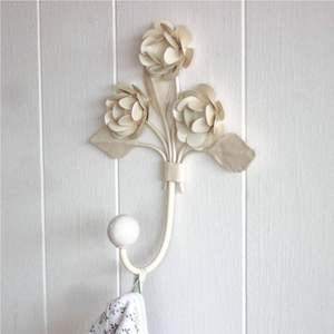 Nordic Cream White Rose Metal Wall <b>Hook</b> Decorative Vintage Flower Bouquet Single Coat Hanger Shabby Chic <b>Towel</b> Holder Unit - Product Image 1