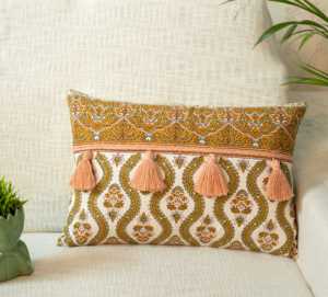 Colorful Ethnic <b>Throw</b> Pillows with Floral Block Print Designs and <b>Tassel</b> Detailing for Boho Home Decor - Product Image 3