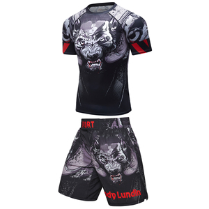 Ensemble de rashguard de compression pour homme, manches courtes, séchage rapide, imprimé loup, vêtements de combat, shorts de sport - Product Image 1
