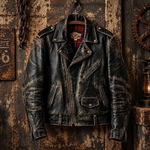 Retro Distressed Cafe <b>Racer</b> Leather <b>Jacket</b>, <b>Men</b>’s Black Rugged Genuine Leather Moto Riding Coat - Product Image 2
