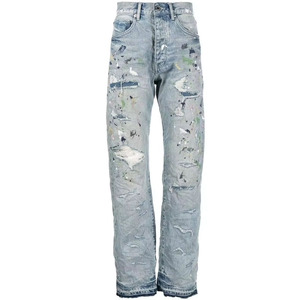 Jeans de mezclilla de corte recto, desgastados, de cintura alta, rotos, pintados a mano, estilo urbano, de algodón de peso medio, estilo primavera - Product Image 1