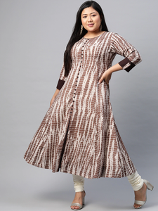 Kurta Anarkali en coton tie-dye marron, grande taille, col rond, manches trois quarts, coupe décontractée, tenue de tous les jours pour femmes - Product Image 1