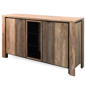 Modern Luxury Solid Mango Wood Eco-Friendly <b>Sideboard</b> Glass Doors Slatted Panels Midcentury Modern Design 3 ft Capacity Dining - Product Image 4
