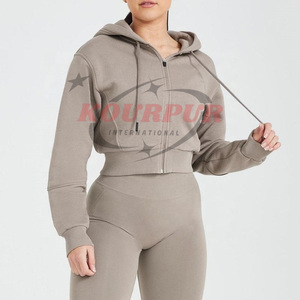 Sudadera con capucha para mujer, top corto con cremallera, color sólido, manga larga, de punto, de algodón, para otoño, transpirable - Product Image 3