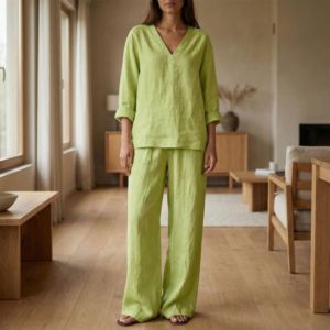 Custom Womens Linen Long Set – Breathable Long Sleeve V-Neck Top & Wide Leg Pants Casual Homewear Outfit - Product Image 6
