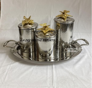 Luxury Gold Hammered Metal Canister Set with Tray 3 Piece Decorative Kitchen Storage <b>Jars</b> with Butterfly Lids <b>Spice</b> Organizer - Product Image 6