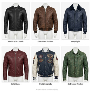 Chaqueta de Cuero Genuino para Hombre, Estilo Casual de Invierno, Color Marrón Vintage, con Cierre, Impermeable, Estilo Motociclista, OEM - Product Image 4