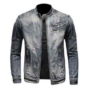 แจ็คเก็ตยีนส์ผู้ชายรุ่นล่าสุด แฟชั่นย้อนยุคสุดเทรนดี้ แจ็คเก็ตซิปคอตั้งลำลอง เท่ห์สไตล์ไบค์เกอร์ เสื้อผ้าแจ็คเก็ตยีนส์ - Product Image 1