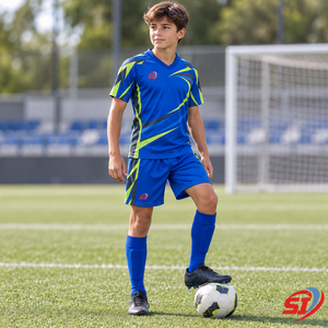 Conjunto de Camiseta y Pantalones Cortos de Fútbol Personalizados para Niños, Modelo Prism Orbit Performance, Transpirable, de Secado Rápido, Cuello en V, 100% Poliéster, Ropa Deportiva para Clubes - Product Image 3