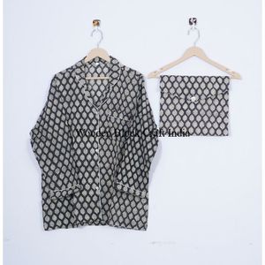 ชุดนอนลำลองผ้าฝ้ายสำหรับผู้หญิง สีดำลายเรขาคณิต พิมพ์ลายด้วยมือ เหมาะสำหรับฤดูใบไม้ผลิ ฤดูร้อน ฤดูหนาว และเป็นของขวัญสำหรับเพื่อนเจ้าสาว - Product Image 2