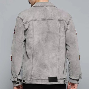Men's Gray <b>Denim</b> Jacket Turn-down Collar Casual Single Breasted Button Closure Washed Cotton <b>Material</b> Patch Design - Product Image 3