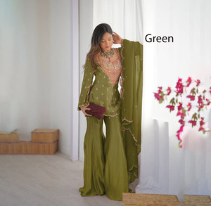Robe Abaya Traditionnelle Moderne en Soie Simar Lourde, Style Indien et Pakistanais, Ensemble Sharara Cousu pour Fête - Product Image 1