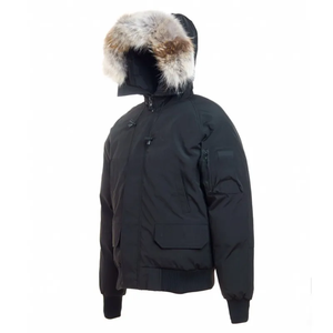 Veste d'hiver décontractée pour homme en duvet noir avec capuche en fourrure, coupe-vent, col montant, fermeture éclair, couleur unie - Product Image 1