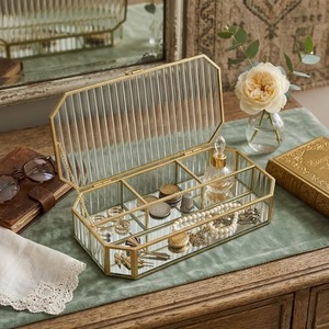 Rectangular Glass Jewelry <b>Box</b> with Gold Frame <b>Hinged</b> <b>Lid</b> <b>Storage</b> Organizer for Rings Bracelets and Necklaces Decorative Display - Product Image 1