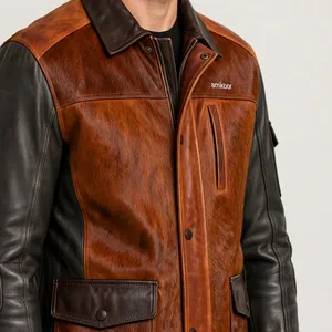 Veste en cuir PU pour homme, couleur personnalisée, style sportif, design patchwork, coupe classique, imperméable, logo sur le devant, pour l'hiver - Product Image 6