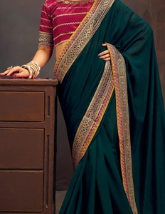 Sari Tradicional de Mezcla de Seda con Bordado - Product Image 6