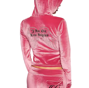 Ensemble de survêtement deux pièces en velours rose pour femme, manches longues, capuche, fermeture éclair, pantalon long, coupe ample, toutes saisons, tenue de club sexy - Product Image 5