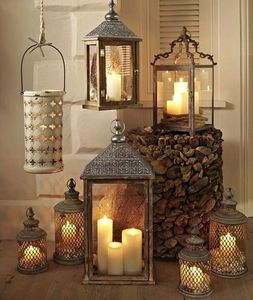 <b>Black</b> Iron <b>Lanterns</b> with Glass Panels and Candle Holders for Home Decoration - Product Image 5