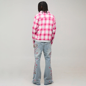Floral <b>Embroider</b> Distressed Flared <b>Jean</b> for Men Streetwear Mid Waist Denim Pant Light Washed Relaxed Fit Ripped Men's <b>Jeans</b> - Product Image 2