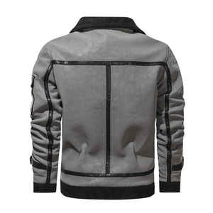 เสื้อแจ็คเก็ตบอมเบอร์หนัง PU สีเทาสำหรับผู้ชาย พร้อมซับในขนสัตว์เทียม ปิดด้วยซิป เสื้อคลุมฤดูหนาว สไตล์มอเตอร์ไซค์ - Product Image 2