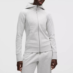 Comfortable Custom Women's Light Gray Full Zip <b>Hooded</b> <b>Fleece</b> <b>Jacket</b> Knitted Cotton Minimalist Athletic Autumn Thumb Hole <b>Jackets</b> - Product Image 1