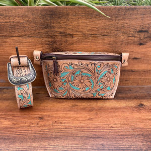 New Hand Tooled Leather Fanny Packs for Women Genuine Leather Vintage Bum Bag Western Turquoise Floral Pattern Leather <b>Belt</b> Bags - Product Image 2