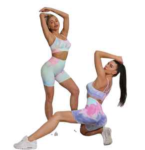 Tie Dye Yoga Set Women 2 Piece <b>Crop</b> <b>Top</b> <b>Shorts</b> High Waist Crisscross Straps Gradient Color Spandex Polyester Fitness Wear - Product Image 1