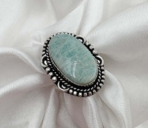 Natural Amazonite Brass 925 Silver Plated Handmade Adjustable Gemstone <b>Statement</b> <b>Ring</b> Boho Fashion Jewelry Unisex - Product Image 3