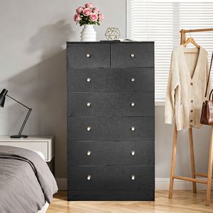 Armadio con 5+2 Cassetti e Maniglie Oro Opaco, Finitura in Melamina Texturizzata, Pannello in Truciolato Nero 66*40*131cm, Organizzatore per Cappotti da Donna - Product Image 1