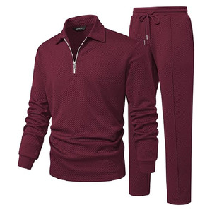 Conjunto Deportivo Personalizado de Alta Calidad para Hombre, Color Vino Tinto, Texturizado, con Cuello Camisero, Sudadera con Cierre de 1/4, Pantalones Deportivos de Tela Jacquard - Product Image 1