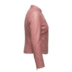 <b>Women</b> Genuine Sheepskin Leather Jacket Asymmetrical Rose Gold Zip Fitted Rider Biker <b>Coat</b> Outerwear Dusty Pink - Product Image 3