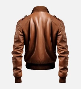 Men's <b>Brown</b> Genuine <b>Leather</b> Bomber <b>Jacket</b> Stand Collar Zipper Closure Moto Biker Style Autumn Wear - Product Image 4