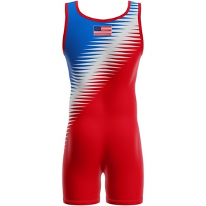Combinaison de lutte personnalisée en gros, nouvelle collection, imprimé drapeau américain, logo extensible sur le devant, haute qualité, légère, en Spandex/Polyester - Product Image 6